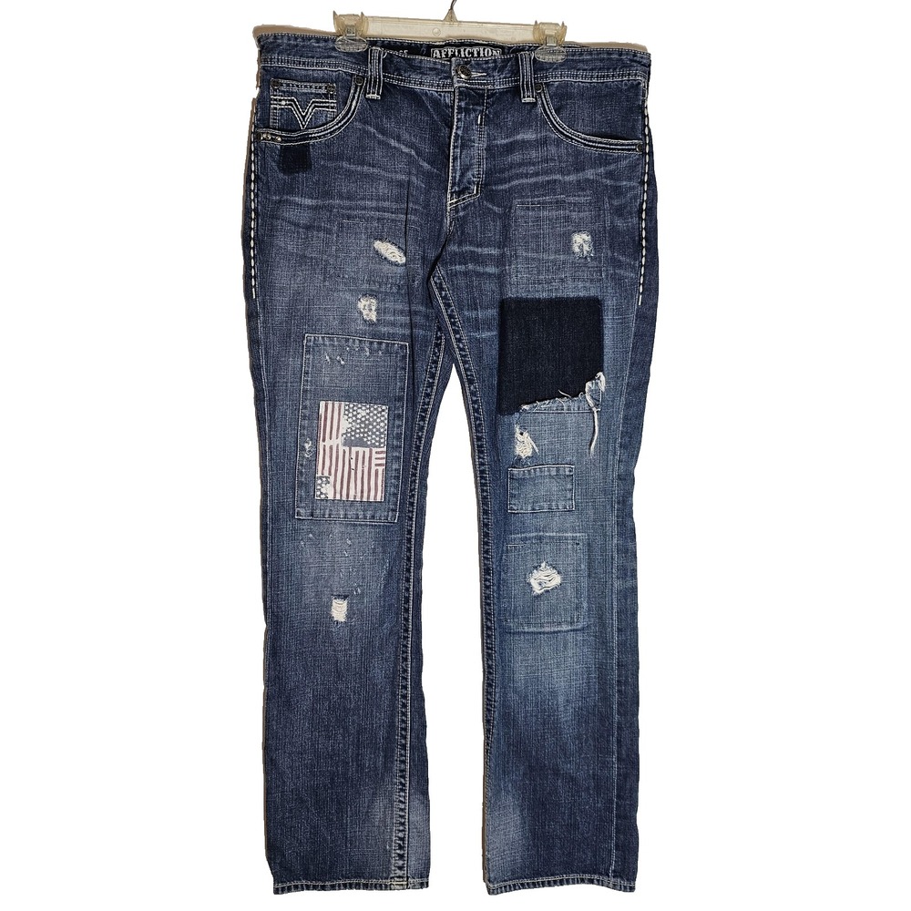 Affliction Jeans Mens 40x32 Blue Ace Distressed‎ Patchwork Denim American Flag